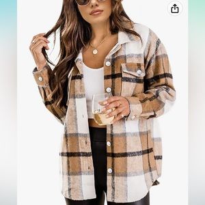 Womens Flannel Plaid Shacket XL Khaki Wool Blend Button Down Shirt Jacket